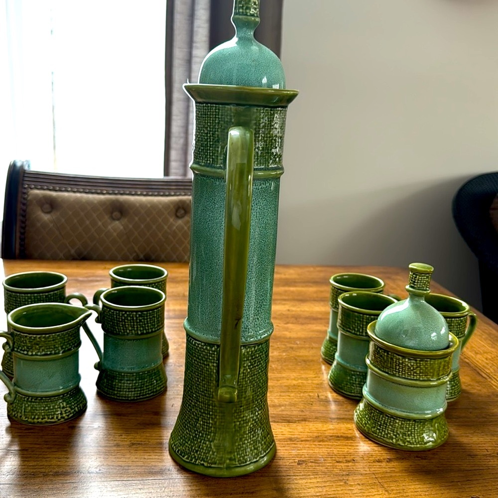 Vintage MCM Green Ceramic Coffee Set | Carafe 16 1/2 tall by 8 1/2 wide - Picture 15 of 17